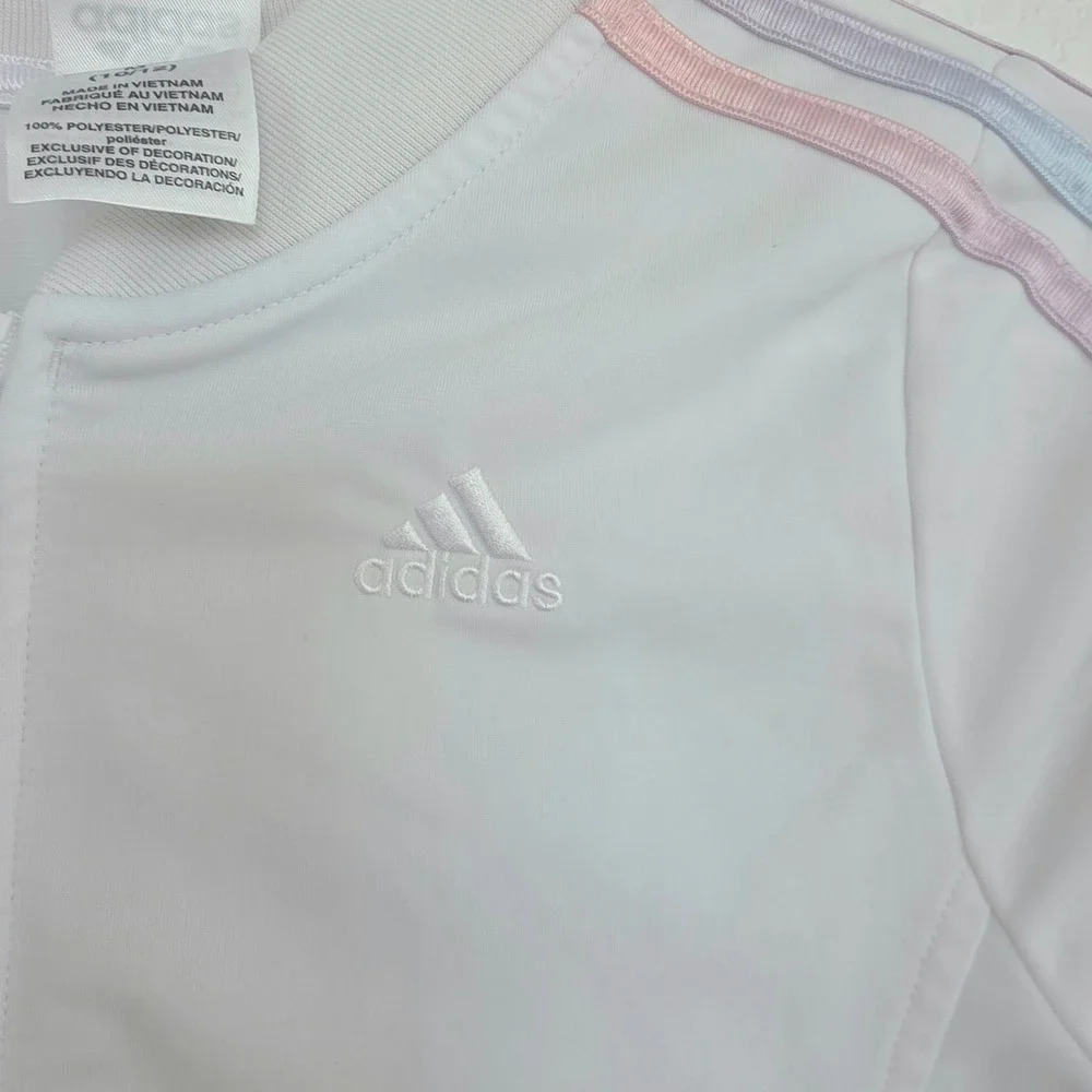 Adidas Girls Track Jacket White‎ Rainbow Stripe Full Zip Size 10 12 Polyester